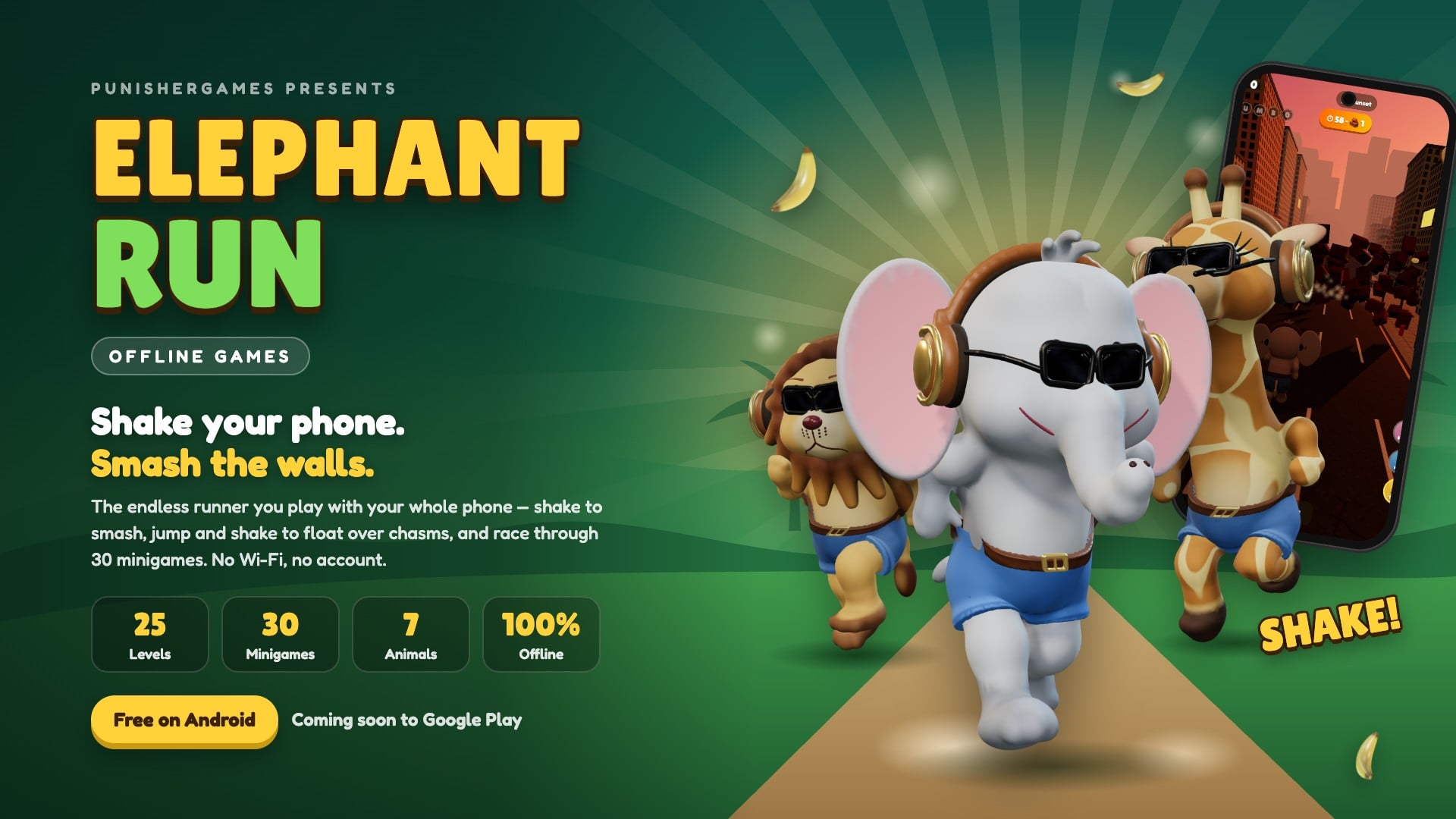 Elephant Run: an elephant, lion and giraffe in sunglasses running down a jungle path